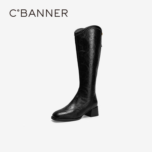 千百度粗高跟骑士靴女手抓皮黑色高筒长靴A25525333 商品图1