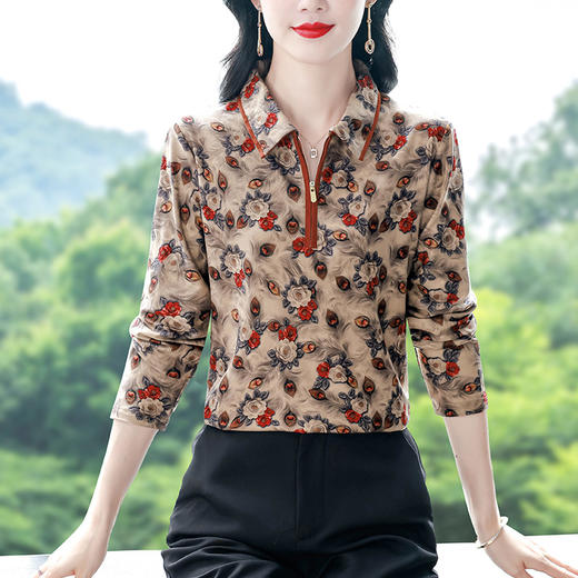 KQL B41N9916妈妈打底衫薄绒碎花上衣T恤 商品图0