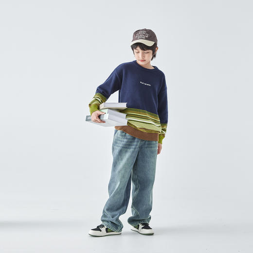 蓝汽水25年秋冬季新款亲子中大男童渐变条纹毛衣简约撞色针织衫 商品图1