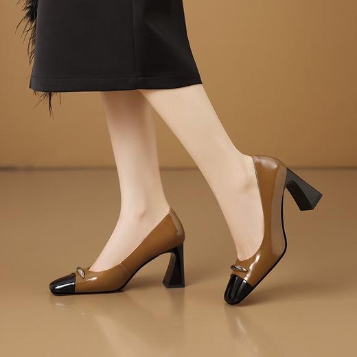 【预售5天】酒红色气质通勤高跟鞋女款秋季真皮方头高级感粗跟浅口单鞋HY&H3704 商品图2