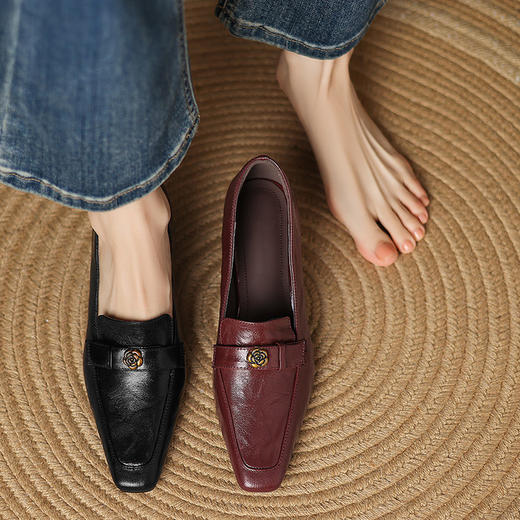 【预售5天】法式复古小方头细跟高跟鞋女真皮山茶花通勤气质工作鞋单鞋四季鞋JLY&18-398A 商品图4