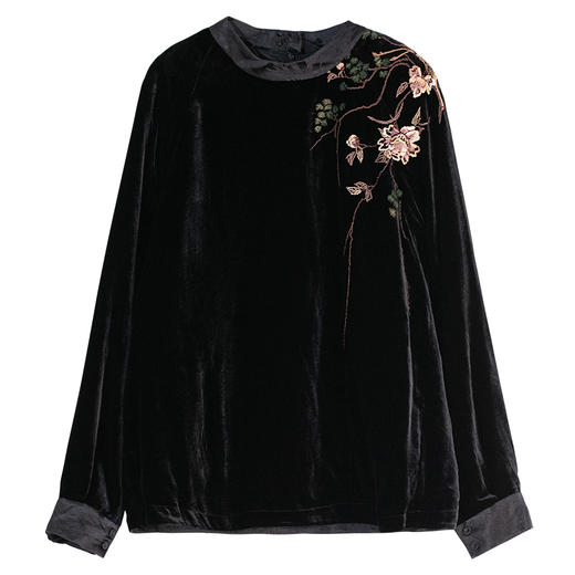 牧衣游原创 丝绒手工刺绣套头衫女秋禅意复古宽松新中式上衣 吉遇 商品图4