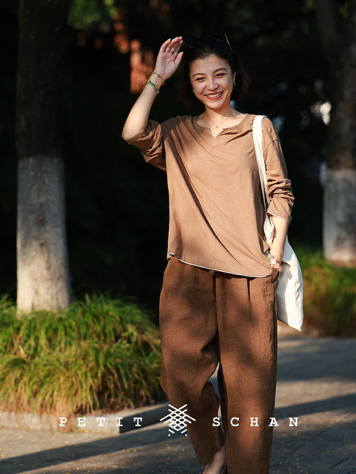 PETIT SCHAN小闪 CLO#899 One leaf reveals autumn 一叶知秋 纯亚麻抽绳松紧腰萝卜裤 商品图1