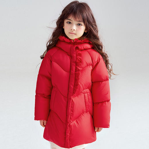 笛莎Deesha 2025冬季新款女童甜美木耳边抗菌绒三防连帽羽绒服 商品图0
