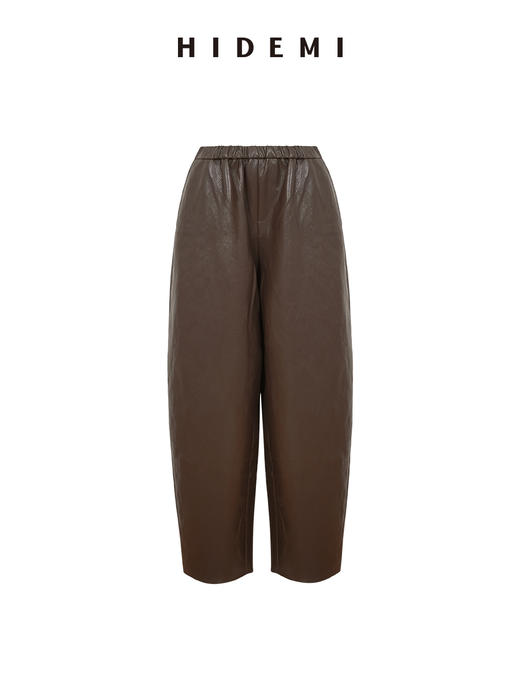HIDEMI 可再生蛋白皮复古做旧感茧型皮裤羊腿裤松紧腰宽松长裤女 商品图13