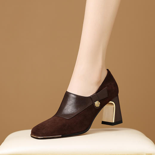 【预售5天】秋季新款百搭舒适粗跟磨砂拼接深口单鞋气质通勤小皮鞋HY&H3720 商品图0