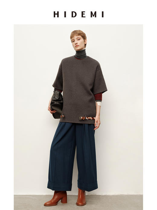 HIDEMI 甄选羊驼毛系列混纺极简圆领廓形短袖套头大衣外套 商品图4