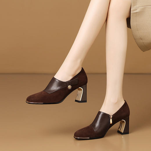 【预售5天】秋季新款百搭舒适粗跟磨砂拼接深口单鞋气质通勤小皮鞋HY&H3720 商品图1