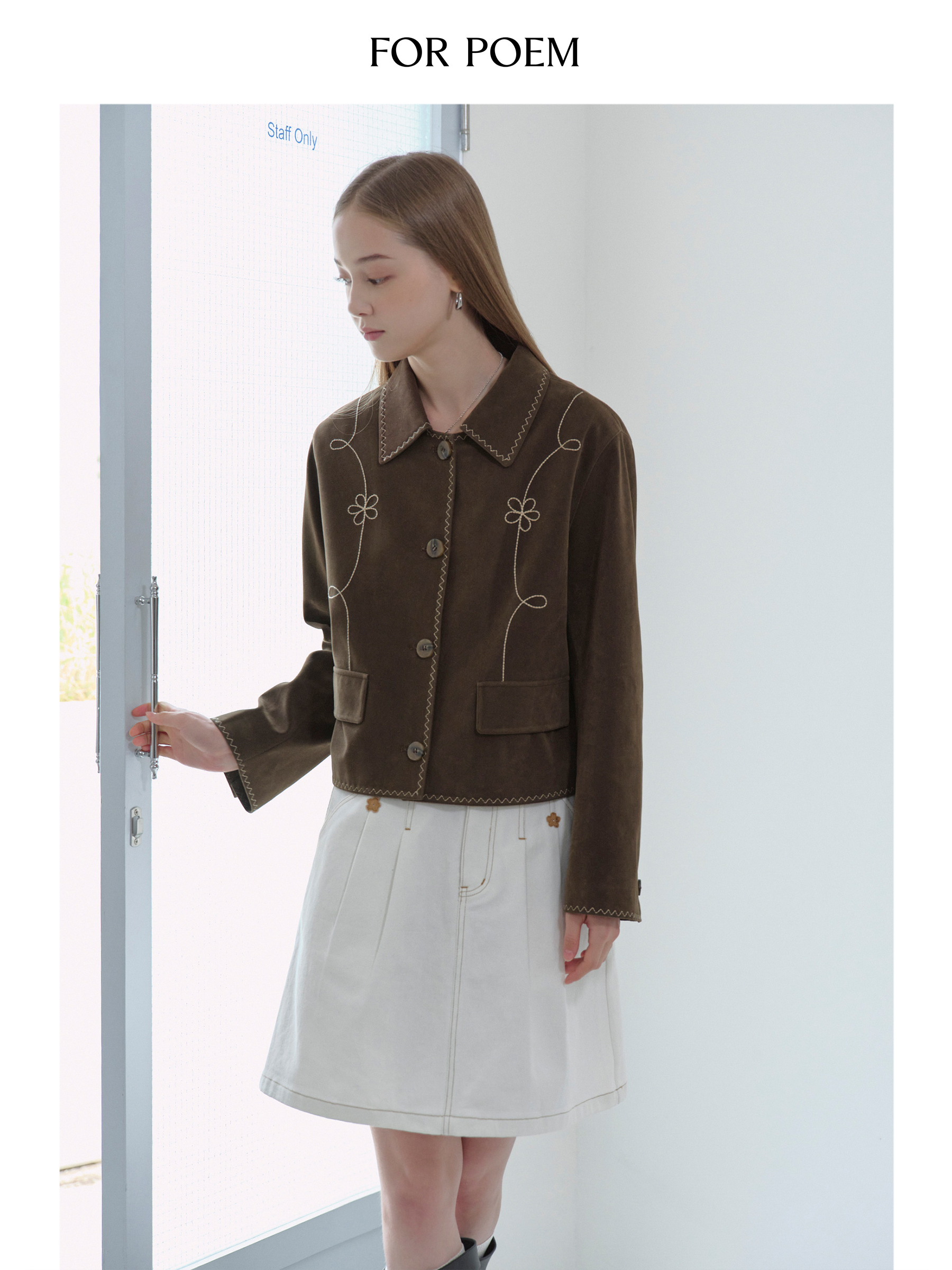 ForPoem 现货 25/FW原创设计花朵线条刺绣简约休闲环保麂皮短款外套