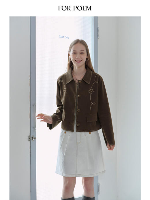ForPoem 现货 25/FW原创设计花朵线条刺绣简约休闲环保麂皮短款外套 商品图3
