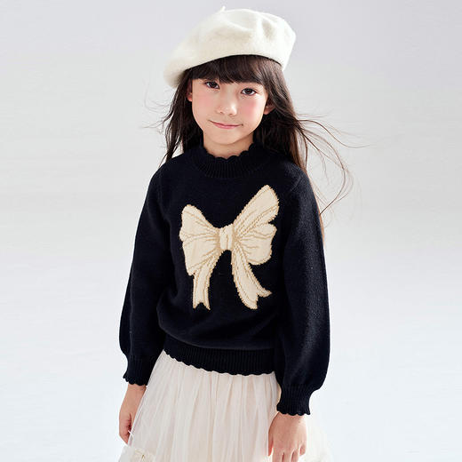 笛莎Deesha 2025冬季新款女童甜美蝴蝶结提花半高领套头针织衫 商品图1