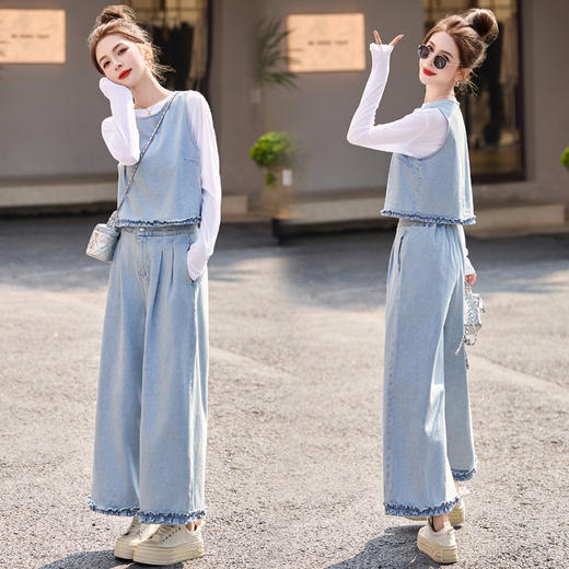 牛仔套装女2025年新款超火休闲洋气时尚减龄马甲阔腿裤三件套HR-YDYX9317 商品图1