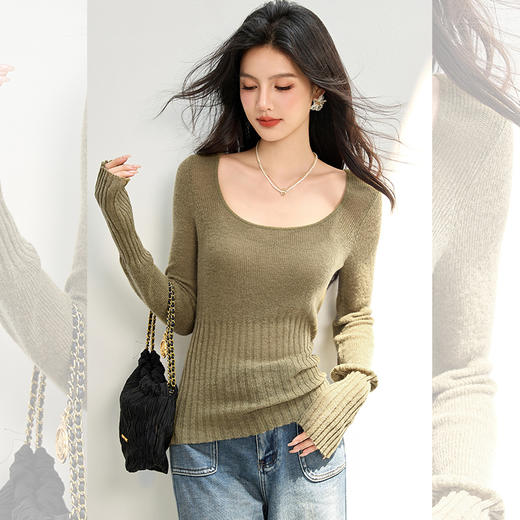 西遇圆领软糯针织毛衣女秋季新款绿色内搭长袖修身打底衫SS051480 商品图3