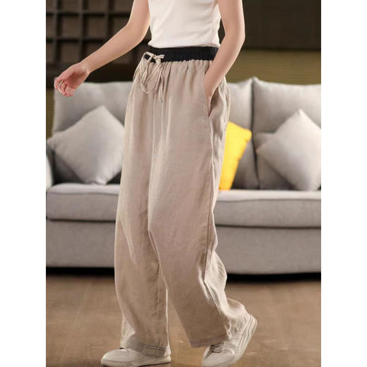 GYH 6212复古休闲简约色织裤系带拼色松紧腰显瘦直筒裤 商品图1