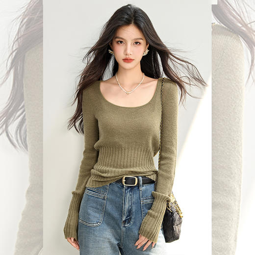 西遇圆领软糯针织毛衣女秋季新款绿色内搭长袖修身打底衫SS051480 商品图1
