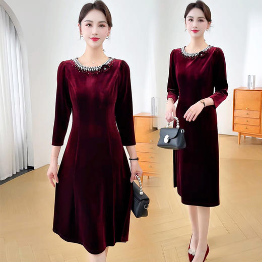 QYM 1861-Y丝绒连衣裙气质妈妈装洋气中长裙 商品图0