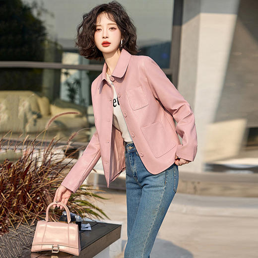 MLJL92509皮衣外套女短款2025新款春秋高级感复古气质休闲翻领PU皮夹克上衣 商品图0