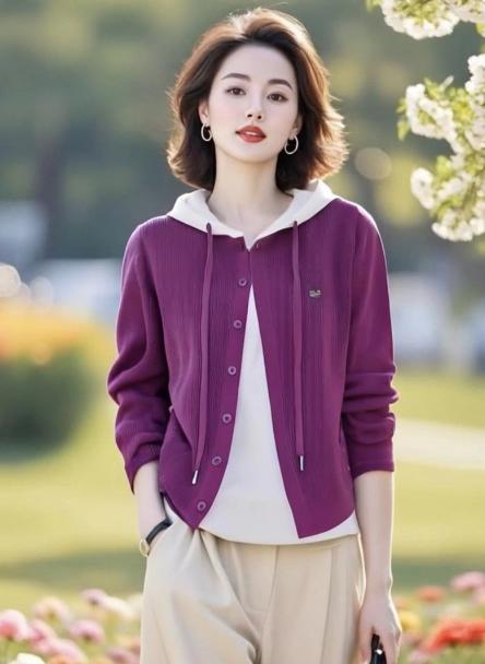 时尚显气色树莓色，洋气假两件连帽针织衫LJX-547 商品图1