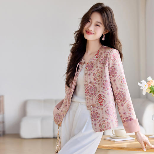 丁摩 新中式国风印花薄外套女春秋季短款洋气复古盘扣上衣5ZF-2517 商品图2