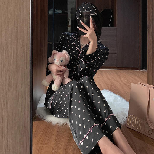 新款新品丝绸手感冰丝女士睡衣春夏新款满印爱心学生家居服两件套新款新品学生可爱新款家居服 商品图3