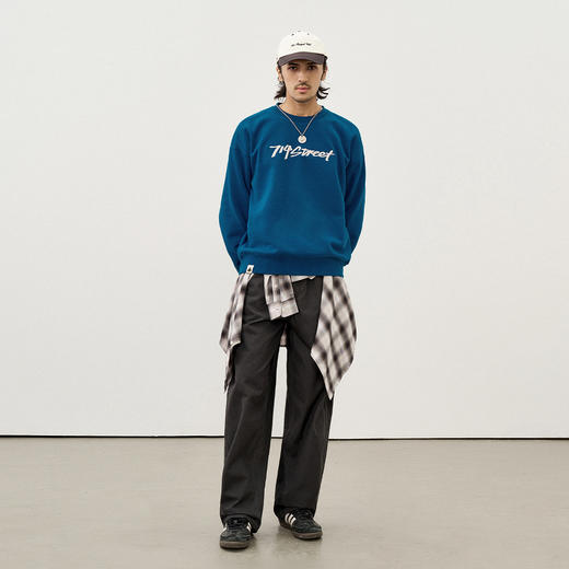 714street LOGO刺绣圆领加绒卫衣男2025秋冬潮牌情侣宽松长袖T恤 商品图3