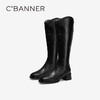 千百度粗高跟骑士靴女手抓皮黑色高筒长靴A25525333 商品缩略图0