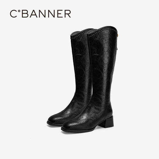 千百度粗高跟骑士靴女手抓皮黑色高筒长靴A25525333 商品图0