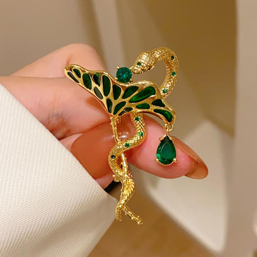 复古新中式灵蛇胸针微闪竹叶葫芦蛇形胸花中式国风别针 商品图0