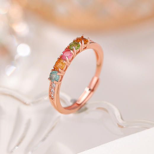 碧玺彩宝银手饰S925纯银玫瑰金色，彩色五连圆珠戒指CW-JZ07035 商品图0