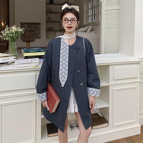 HR MDN25007法式蕾丝拼接风衣外套韩版宽松大衣 商品图1