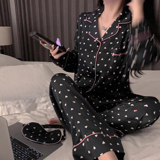 新款新品丝绸手感冰丝女士睡衣春夏新款满印爱心学生家居服两件套新款新品学生可爱新款家居服 商品图2