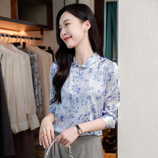 丁摩 真丝长袖衬衫春秋季新款时髦气质印花真丝衬衫优雅5ZF-9157 商品图0