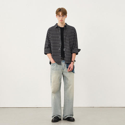 714street绒感磨毛复格子衬衫男2025秋冬老钱风宽松长袖衬衣外套 商品图2