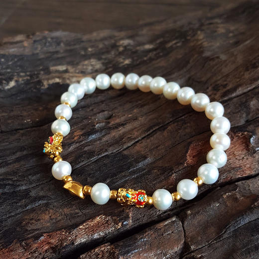 【天然正品】AU999黄金瑞兽元宝造型（招财辟邪）白色约6.1MM珍珠手串女士300825NJM37现售价：1080特价 商品图4