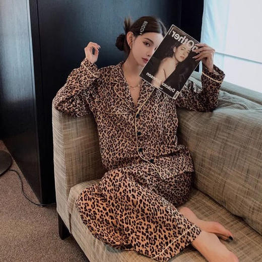 新款时尚豹纹睡衣女秋季长袖睡衣欧美性感家居服女士两件套装新款新品 商品图1