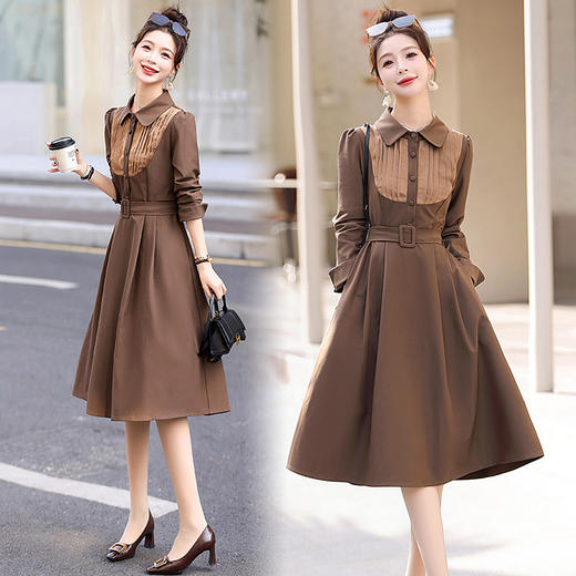 翻领衬衫袖单排扣褶皱，腰带修身显瘦优雅潮连衣裙HR-ZYFA8909 商品图1