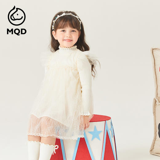 【MQD】女小童秋季拼接蕾丝假两件连衣裙套装 商品图0
