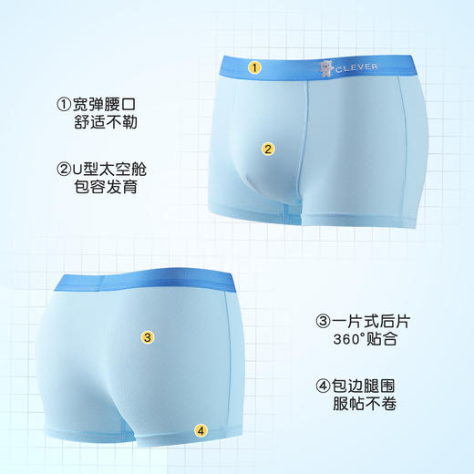 10A抑菌【4条装】透气薄款冰丝网眼含桑蚕丝裆男童平角内裤男3684-7冰冰熊男童内裤 商品图3