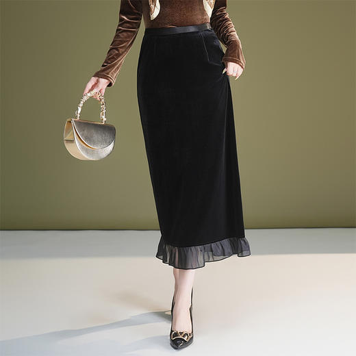 ZL-752-Y金丝绒荷叶边拼结鱼尾裙2025年秋季新款包臀裙时尚气质半身裙 商品图0