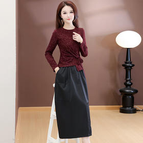 QYM 25XY11-Y蝴蝶结系带T恤衫+高腰牛仔半身裙气质两件套裙