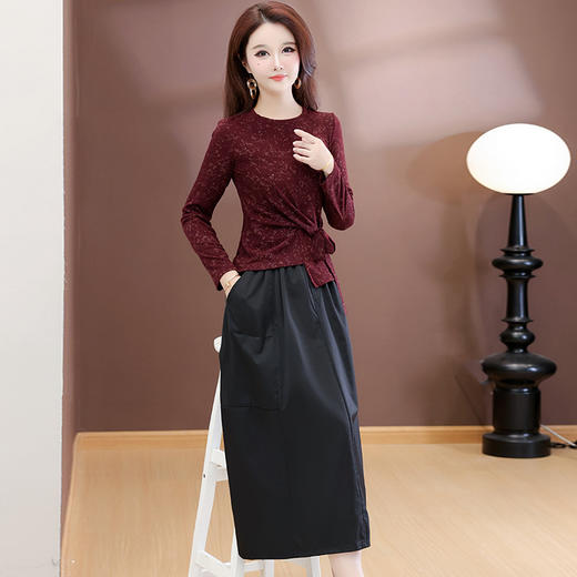 QYM 25XY11-Y蝴蝶结系带T恤衫+高腰牛仔半身裙气质两件套裙 商品图0