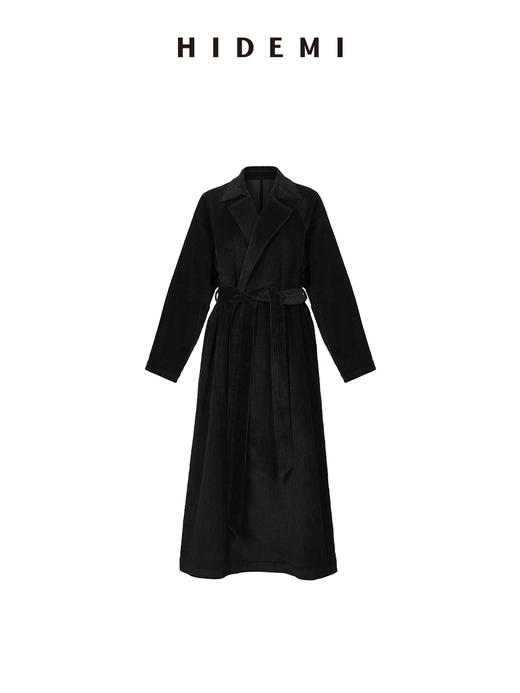 HIDEMI 黑色灯芯绒简约设计感腰带式风衣 商品图1
