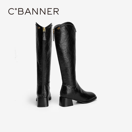 千百度粗高跟骑士靴女手抓皮黑色高筒长靴A25525333 商品图4