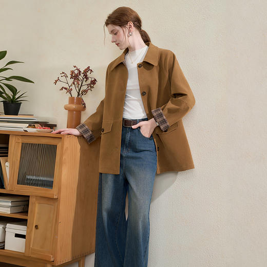 西遇美拉德格纹拼接翻领外套女秋季单排扣口袋直筒中长款外套V3255151 商品图3
