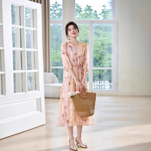 ASE优雅新款桑蚕丝连衣裙粉色法式 商品图2