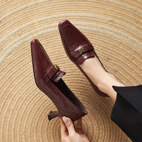 【预售5天】法式复古小方头细跟高跟鞋女真皮山茶花通勤气质工作鞋单鞋四季鞋JLY&18-398A