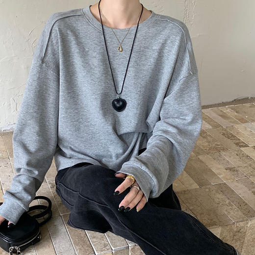 秋季新款圆领棉质长袖T恤 2025宽松百搭显瘦慵懒风纯色打底上衣 商品图1