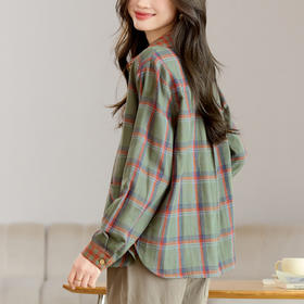 丁摩 复古格子衬衫女纯棉撞色女装显瘦大码秋季港风上衣5ZF-2153