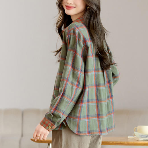 丁摩 复古格子衬衫女纯棉撞色女装显瘦大码秋季港风上衣5ZF-2153 商品图0