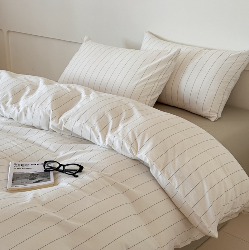 【水洗棉宽条纹白色四件套】全棉水洗棉四件套良品宽条纹白色床品件套纯棉民宿学生